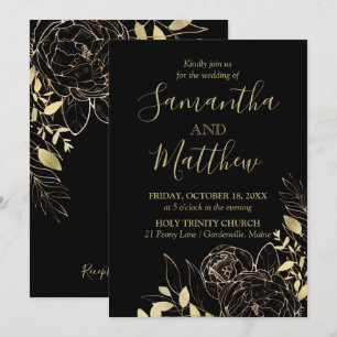 Klassische Black & Gold Peony Moderne Blumenhochze Einladung