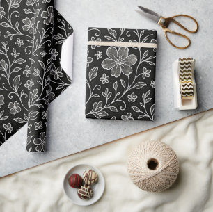 Klassische Blätter Blumenmuster auf Grau Schwarz Geschenkpapier