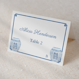 Klassische Blau- und Weiß-Hochzeitstil-Platzkarte Tischnummer