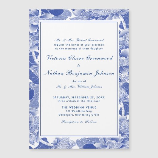 Klassische Blau- und Weißblütenzunge Chinoiserie H Magneteinladung (Vorderseite)