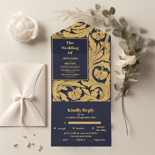 Klassische blaue Art Nouveau-Hochzeit All In One Einladung