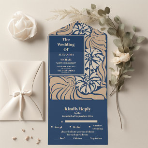 Klassische blaue Art Nouveau-Hochzeit All In One Einladung