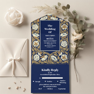 Klassische blaue Art Nouveau-Hochzeit All In One Einladung