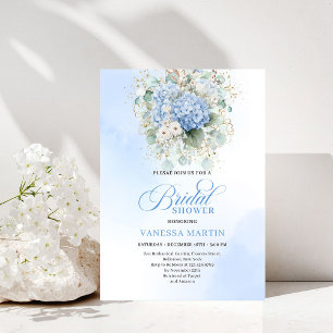Klassische blaue florale Hochzeitsdusche Goldene E Einladung