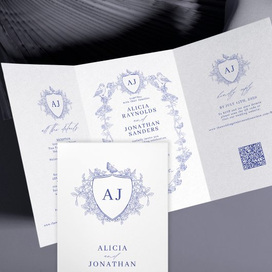 Klassische blaue französische florale QR-Code-Hoch Dreifach Gefaltete Einladung