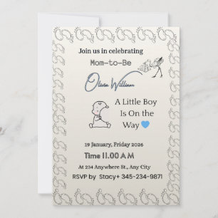 Klassische blaue Fußabdrücke & Storch Baby Shower Einladung
