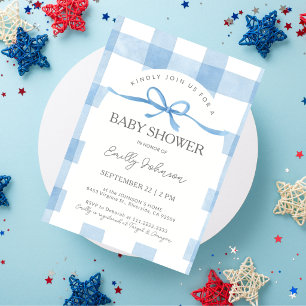 Klassische blaue Gingham-Jungen-Babyparty Einladung