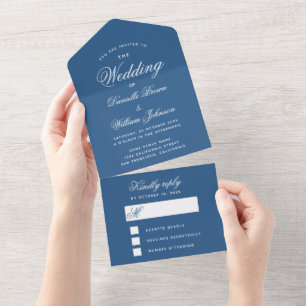 Klassische blaue Hochzeitseinladung & abtrennbare All In One Einladung