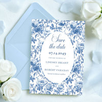 Klassische Blaue Rosen Toile Hochzeitseinladung zu