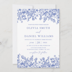 Klassische blaue Vintage-Blumen-Hochzeit Einladung