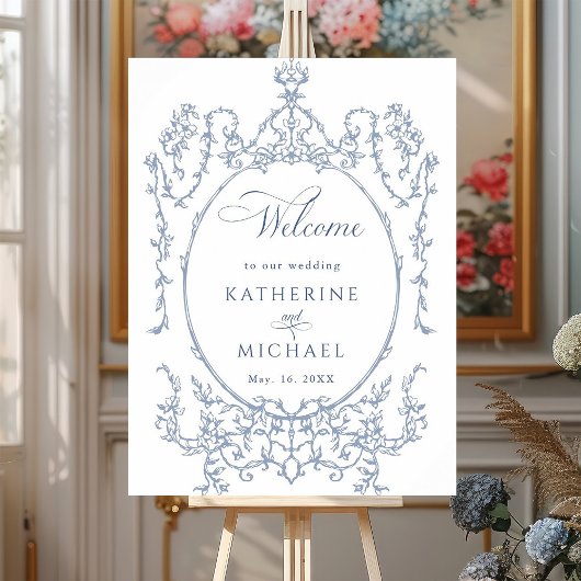 Klassische Blumenrahmen Dusty Blue Wedding Willkom Poster