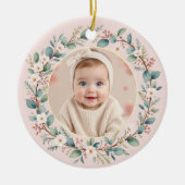Klassische Blumenrahmen Pink Baby's First Christma Keramik Ornament (Vorne)