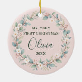 Klassische Blumenrahmen Pink Baby's First Christma Keramik Ornament (Hinten)