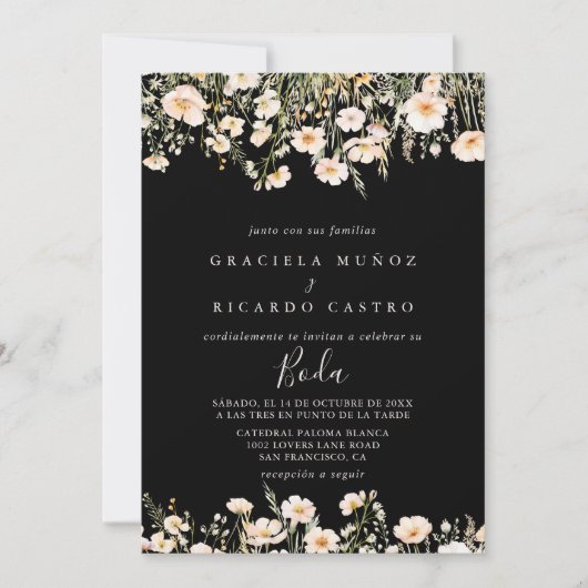 Klassische Blush Wildblume Black Spanish Wedding Einladung (Vorderseite)
