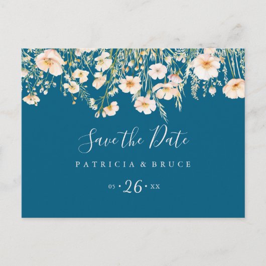 Klassische Blush-Wildblume Save the Date horizonta Postkarte (Vorderseite)