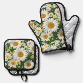 Klassische Blütenmuster Weiße Blumenfelder Grün Ofenhandschuh & Topflappen-Set (Vorderseite/Rückseite)