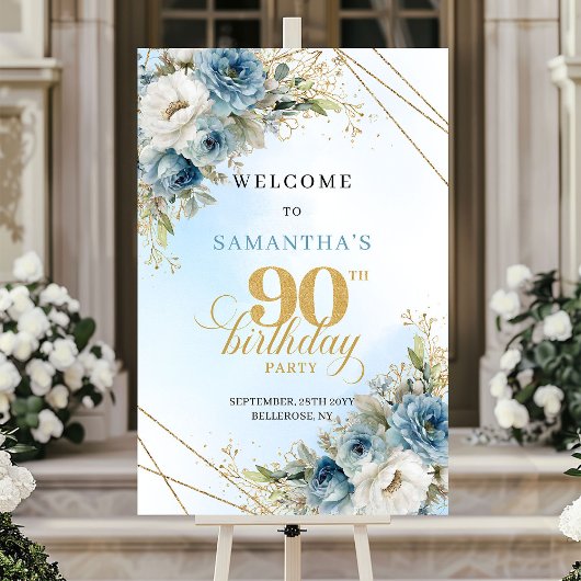 Klassische boho blaue Blumen mit goldenem Rahmen z Poster