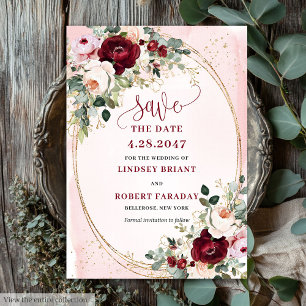Klassische Boho-Burgunder-Rosa-Goldrosen Save Date Einladung