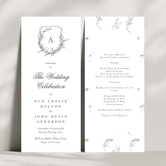 klassische botanische Monogramm-Wappen-Hochzeit Programm