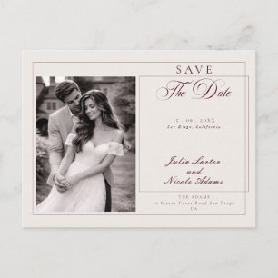 Klassische Burgund-Kalligrafie-Foto-Save-the-Date Postkarte