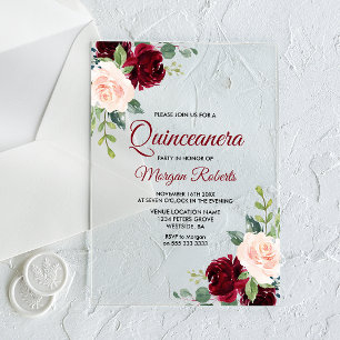 Klassische Burgund- und Rosé-Blumen-Quinceanera Acryleinladungen