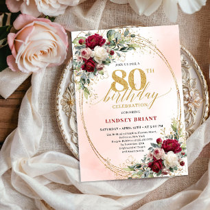 Klassische Burgunder-Boho-Floral-Einladung zum 80. Einladung