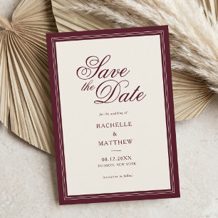 Klassische Burgunder-Hochzeit im Stil des alten Ge Save The Date