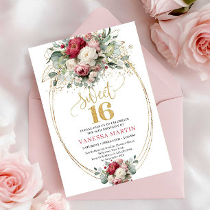 Klassische Burgunder Weiß Gold Florale Sweet 16 Ei Einladung