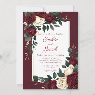 Klassische Burgunderweiße Rose Florale Goldene Hoc Einladung
