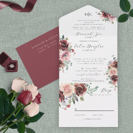 Klassische Burgundy Blush Rose & Peony alle in ein All In One Einladung