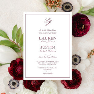 Klassische Burgundy Script Monogram Wedding Einladung