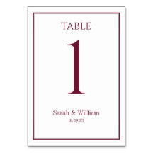 Klassische Burgundy White Wedding Tischnummer Card