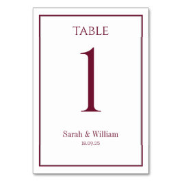 Klassische Burgundy White Wedding Tischnummer Card
