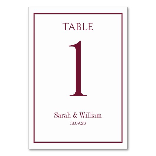 Klassische Burgundy White Wedding Tischnummer Card (Vorderseite)