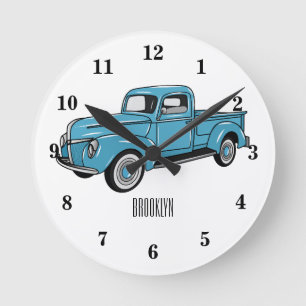 Klassische Cartoon-Illustration eines Pick-up-Truc Runde Wanduhr