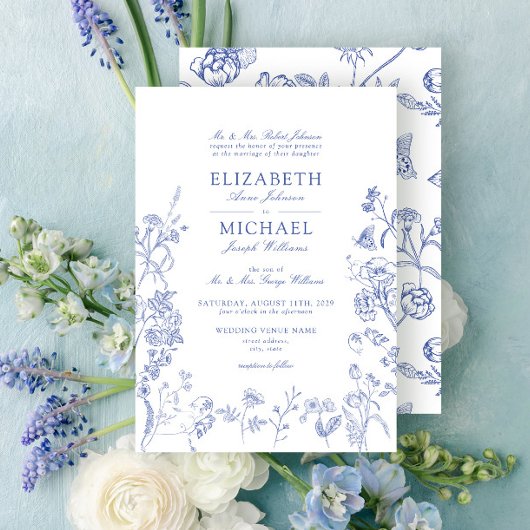 Klassische Chinoiserie Blaue Viktorianische Blumen Einladung