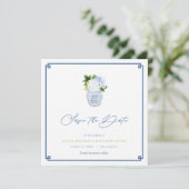 Klassische Chinoiserie Navy Blue Green Spring Wedd Save The Date (Stehend Vorderseite)