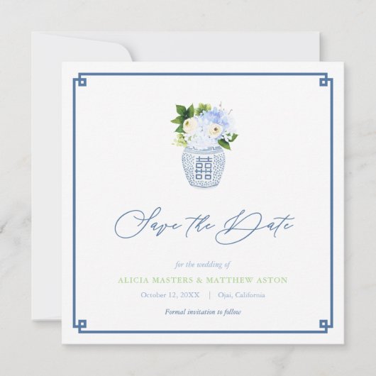 Klassische Chinoiserie Navy Blue Green Spring Wedd Save The Date (Vorderseite)