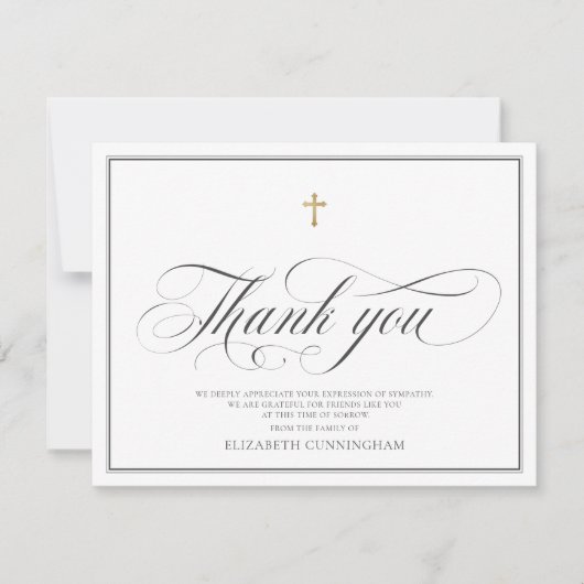 Klassische Cursive Script Calligrafy Cross Memoria Dankeskarte (Vorderseite)