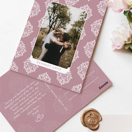 Klassische Damast-Elegant-Script-Valentinstag-Kart Postkarte