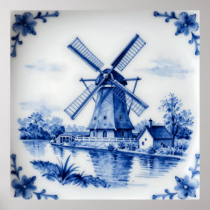 Klassische Delfter Blau-Windmühlen-Kanal-Szene Poster
