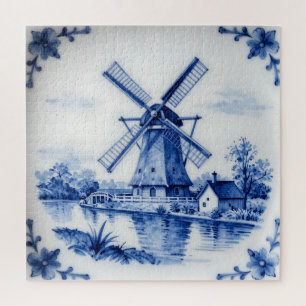 Klassische Delfter Blau-Windmühlen-Kanal-Szene Puzzle