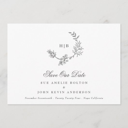 Klassische dunkelgraue Monogramm-Wraath-Classic-Ho Save The Date (Vorderseite)