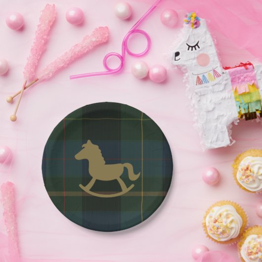 Klassische Dunkelgrüne Karierte Reittier-Babydusch Pappteller (Party)