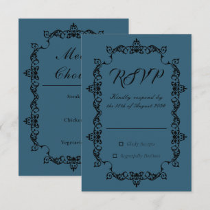 Klassische dunkle Teal-Blau-Ornament-Hochzeitsrahm RSVP Karte