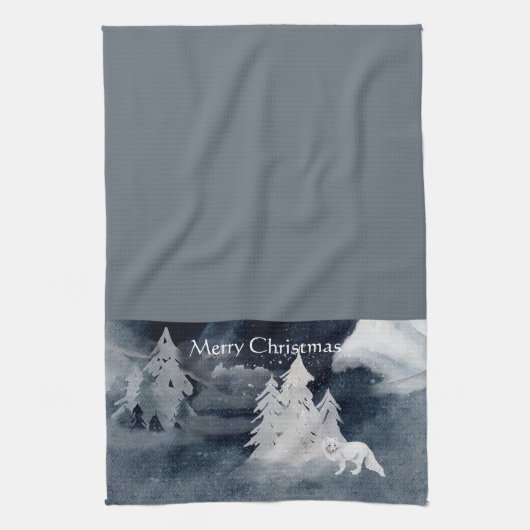 Klassische dunkle Winterszene mit Fuchs Weihnachte Geschirrtuch (Vertikal)