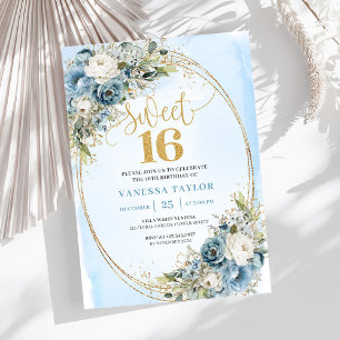 Klassische Dusty Blue Blumen Sweet 16. Geburtstag  Einladung