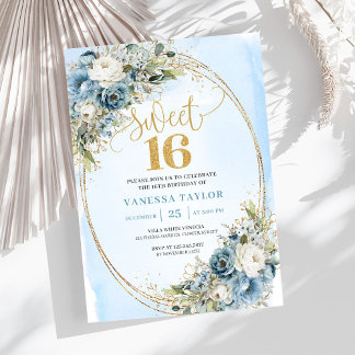 Klassische Dusty Blue Blumen Sweet 16. Geburtstag  Einladung
