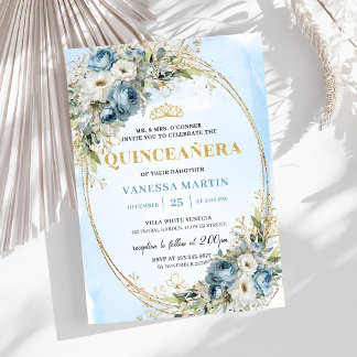 Klassische Dusty Blue Gold Grüne Quinceañera Einladung