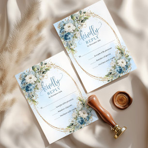 Klassische Dusty Blue Gold Rahmen Hochzeit RSVP Karte